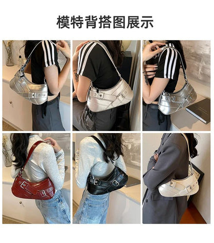 Red Vintage Shoulder Bag Y2K Belt Design PU Leather Underarm Bags for Women Trend Hot Cool Girl Crossbody Bag Punk Style Handbag