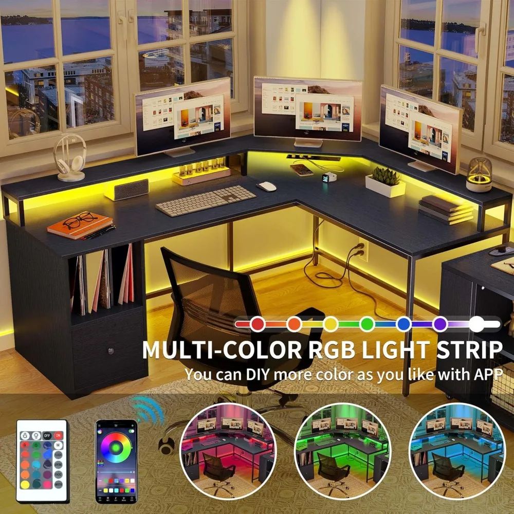 HOT-L Shaped Desk With Power Outlets  LED Lights, 67" Computer Desk With File Drawer, Corner Desk Home Office Desks