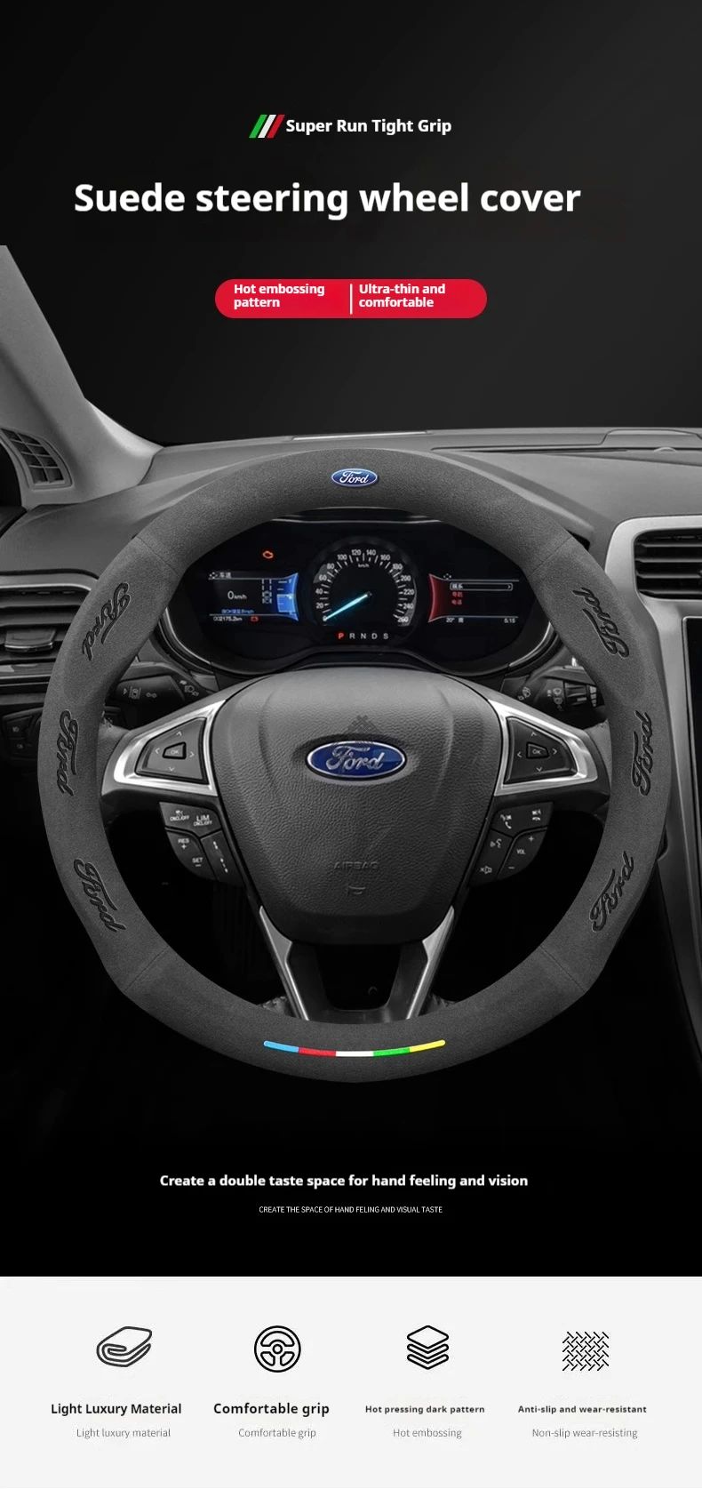 Capa de Volante de Camurça Antiderrapante para Carros Ford Mondeo Focus Raptor Puma Edge Explorer Ecosport Ranger F150 Kuga Fiesta Fusion