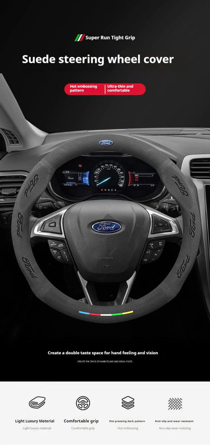 Capa de Volante de Camurça Antiderrapante para Carros Ford Mondeo Focus Raptor Puma Edge Explorer Ecosport Ranger F150 Kuga Fiesta Fusion