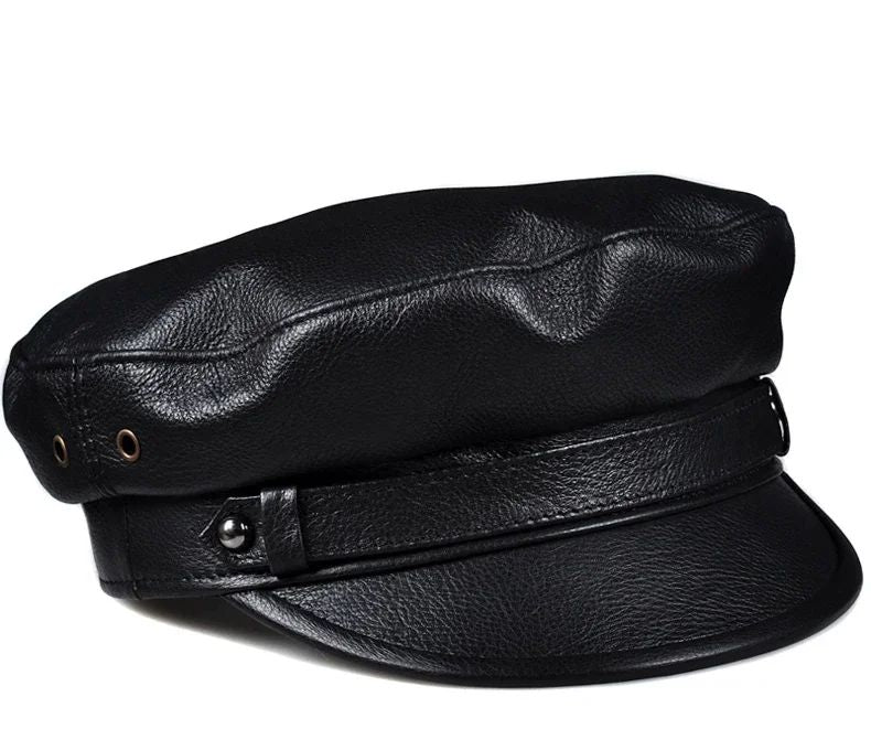 Chapéus Masculinos/Femininos de Inverno em Couro Genuíno Azul-Marinho Unissex Europeu/Americano Streetwear Bonés Pretos Ajustados com Cinto Outdoor Gorro