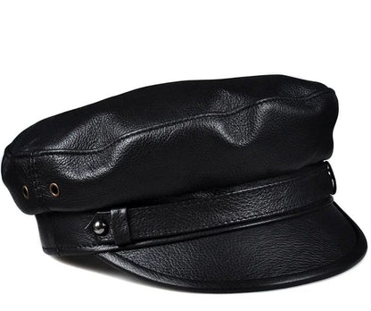 Chapéus Masculinos/Femininos de Inverno em Couro Genuíno Azul-Marinho Unissex Europeu/Americano Streetwear Bonés Pretos Ajustados com Cinto Outdoor Gorro