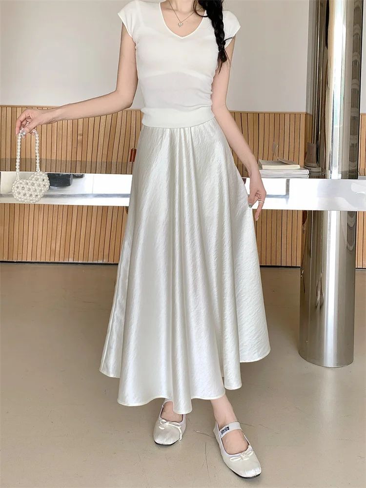 Plus Size Satin Half-Body Skirt Female 2026 Spring New Korean Fashion Temperament Elegant Solid Casual A-line Skirts