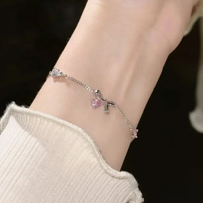 Pulseiras de Cerejeira de Cristal Rosa Brilhante para Mulheres Meninas Doce Lua Laço Flores Zircônia Pulseira Festa Joias Estéticas