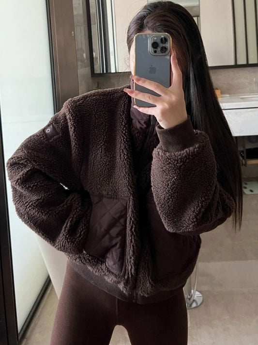 Loose Fit Long Sleeves Short Jacket High Street Zipper Winter Jacket Women Casual Fashion Warm Lamb Fleece Jackets for Women