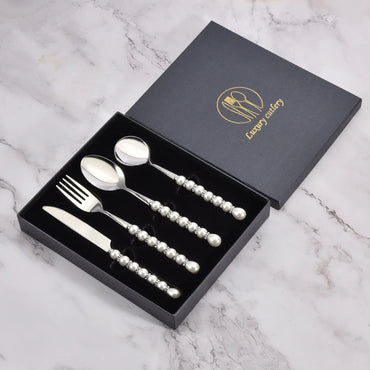 Conjunto de talheres luxuosos de aço inoxidável 304 com colher, garfo e faca, talheres com pérolas e diamantes, caixa de presente, utensílios para casa, cozinha e casamento