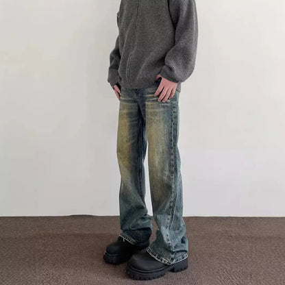 Vintage American Style Men's Straight-Leg Slimming Long Jeans Distressed Washing Denim Pants Trendy Brand Bootcut Pants