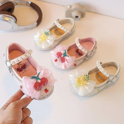 Children's Leather Shoes Autumn New Pink Soft Bottom Flat Kid's Casual Shoes Fashion Cute Cherry Bow Girls' Princess Shoes