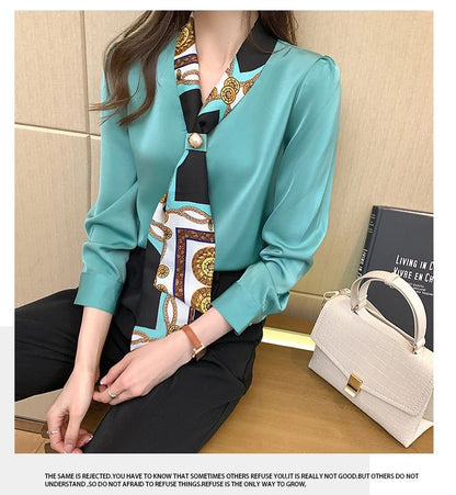 FANAN Elegant Fashion Office Lady Bow Solid Chiffon Shirts Women Clothing New Long Sleeve V-Neck Pullover Top Blouses Female2025