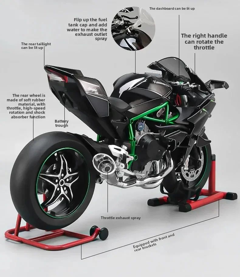 Spray 1:6 para Moto Kawasaki Racing Ninja 500 H2R Simulação de Som e Luz Coleção Infantil de Valor para Presente Exposição Presentes de Natal