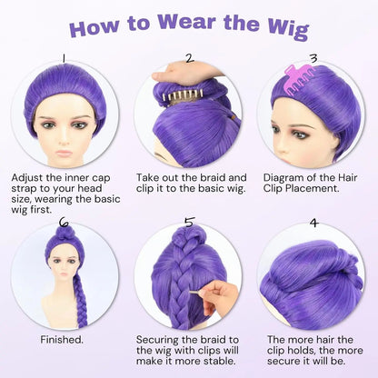 Girl group role-playing synthetic wig, purple split braid wig, rose red long straight hair with bun, romantic party photo