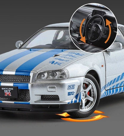 1/24 Nissan Skyline GTR-R34 Velozes e Furiosos Modelo de Carro em Liga Leve com Luz e Som Miniatura Colecionável Veículo de Brinquedo para Meninos