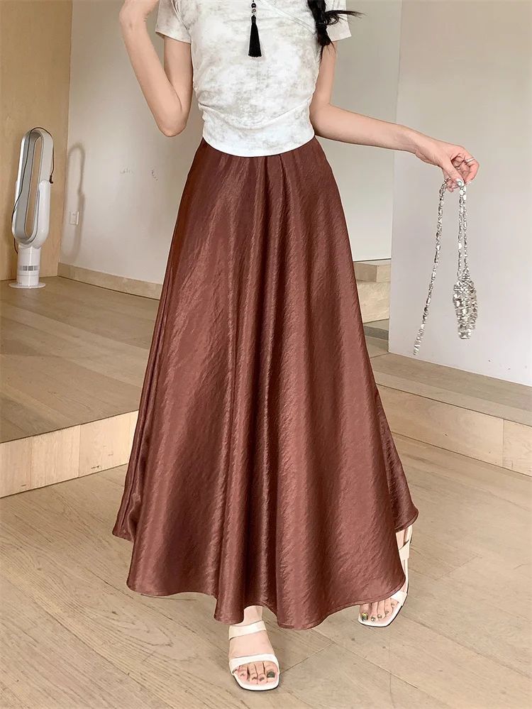 Plus Size Satin Half-Body Skirt Female 2026 Spring New Korean Fashion Temperament Elegant Solid Casual A-line Skirts