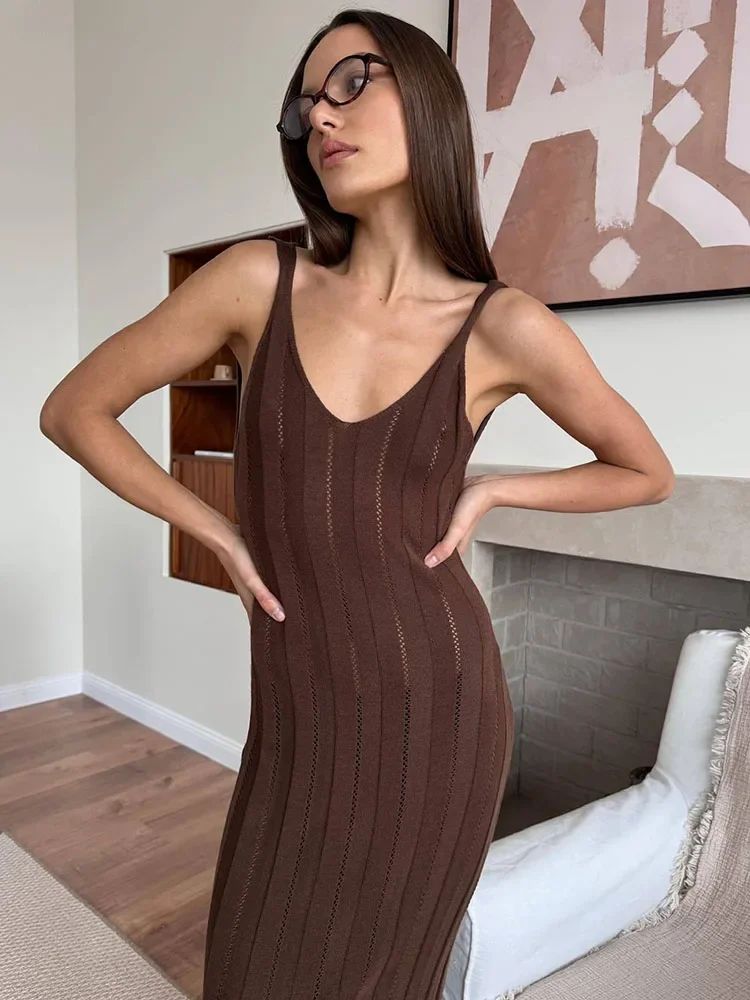 Trendix Knit Backless Dress For Women V Neck Slim Sleeveless Suspender Maxi Dres