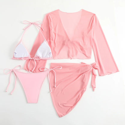 Women Pink Micro Mini String Bikini Sets 4 Pieces with Mesh Cover Tops and Skirt Swimsuit Bathing Suit Beach Outfits Biquini