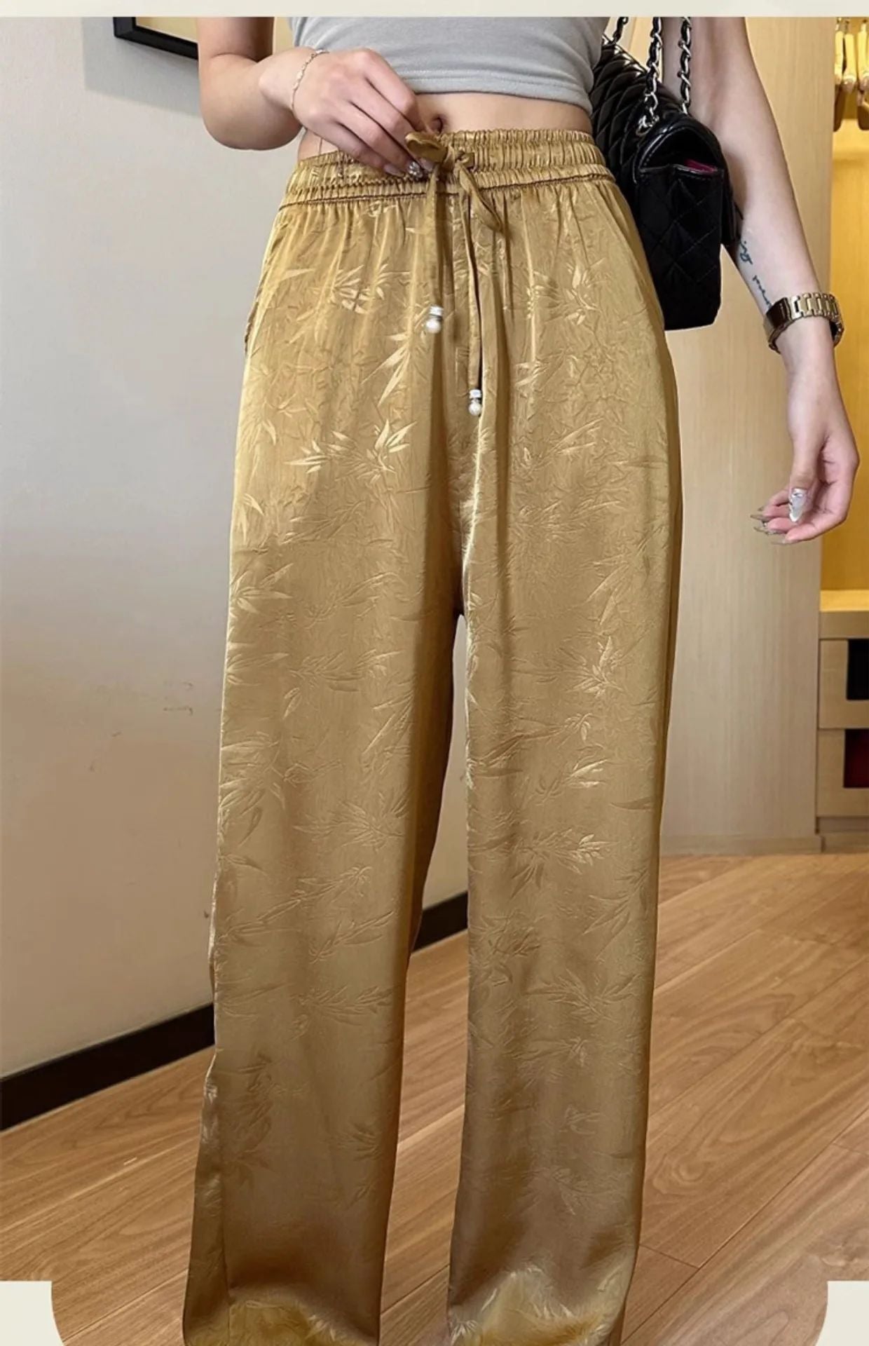 Plus Size Acetate Wide Leg Pants Women's Spring Autumn National Style Print High Waist Slimming Drapey Cool Large Size Women'...