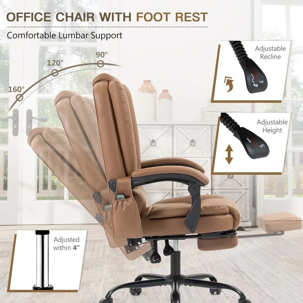 6-Point Heated Massage Office Chair with Footrest, Ergonomic Home Desk Chair with Lumbar Support, Executive High Back PU Leather