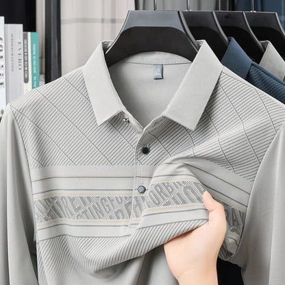 TFETTERS Elegant T Shirt for Man 2025 Spring Autumn Tops Long Sleeve Turn Down Collar Graphic Smart Casual T-shirt for Men