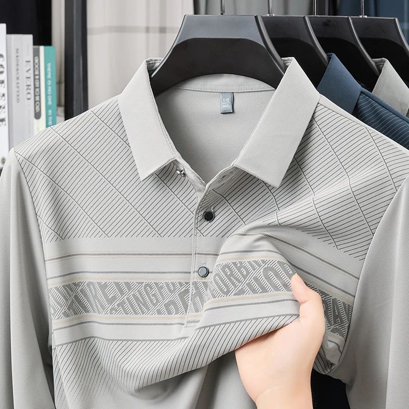 TFETTERS Elegant T Shirt for Man 2025 Spring Autumn Tops Long Sleeve Turn Down Collar Graphic Smart Casual T-shirt for Men