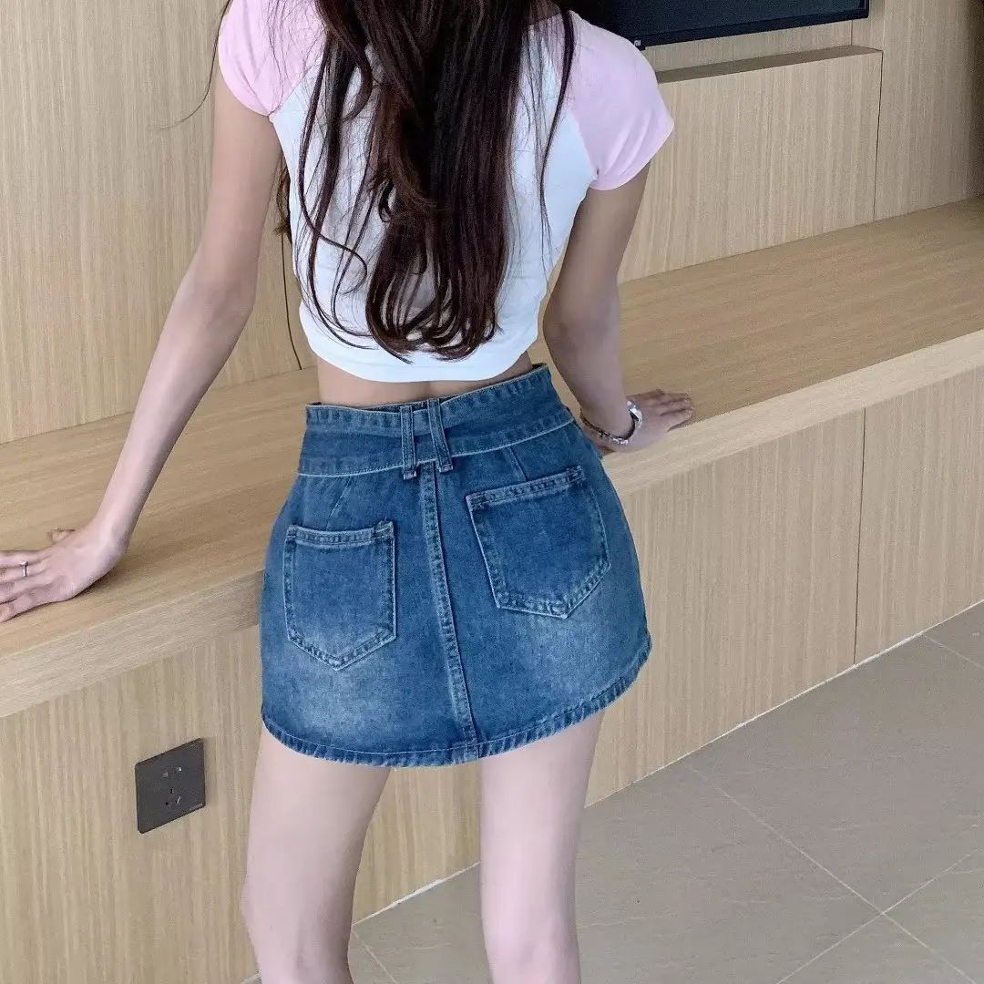 Plus Size High Waist Denim Mini Skirt for Women in Black Grey plus Size Slimming Summer New Style Short Skirts Sexy Girl Hong...