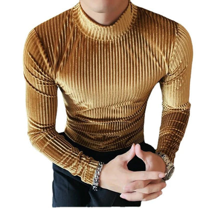 New Gold Velvet T Shirt Men Clothing Fashion Trend Male Luxury Prom Party Long-sleeved Striped Pullover Tops Homme