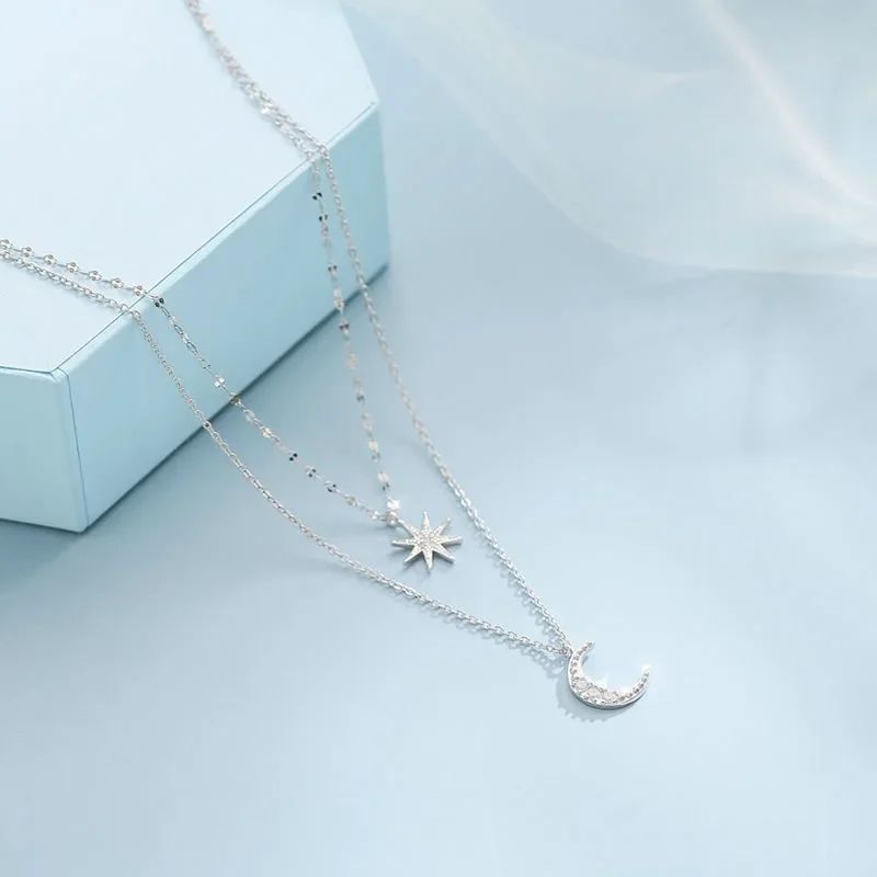 Colar de Prata 925 Feminino Camada Dupla Zircônia Estrela Lua Pingente Colar Delicado Corrente Charmosa Joia Elegante Presente da Moda