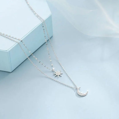 Colar de Prata 925 Feminino Camada Dupla Zircônia Estrela Lua Pingente Colar Delicado Corrente Charmosa Joia Elegante Presente da Moda