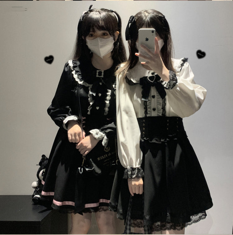Sweet Lace Patchwork Long Sleeve Crop Top Blouse Women Japanese Y2k Harajuku Camisas JK Bow Ruffle Shirt 2025 Kawaii Blusa Femme