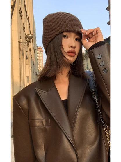 2025Brown /black soft PU leather  women jacket motorcycle long sleeve single breasted casual coat top for autumn high Streetwear