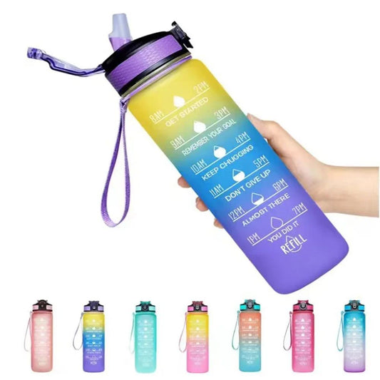 1L Sports Bottlewith Time Marker Gradient Color Motivational Bottle Leakproof Portable For Outdoor Travel Gym Fitness Office