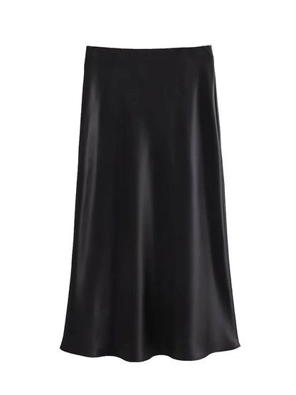 Willshela 2024 Black Satin Skirt Woman High Waist Elegant Long Skirts For Women Fashion Summer Midi Skirt Office Women's Skirts