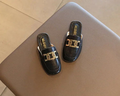 Children Sandals for Girls 2024 Summer New Girls Covered Toes Flat Leather Slippers Casual Lazy Metal Korean Kids Fashion Flats