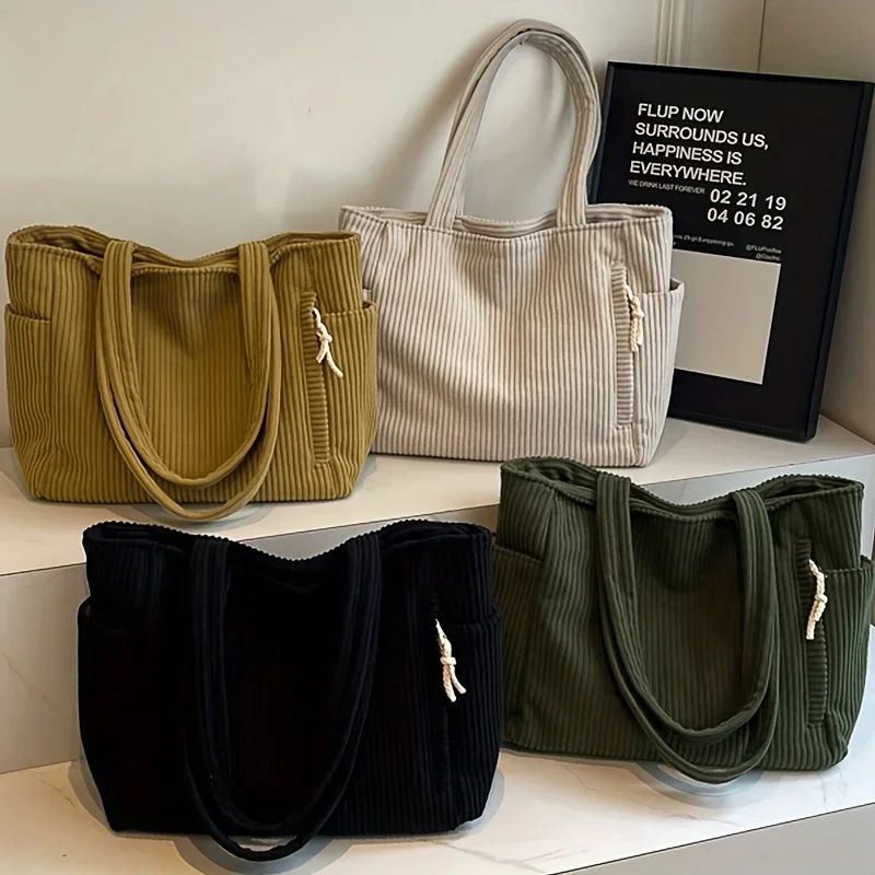 Casual Corduroy Handbag with Zipper Closure Light and Large Capacity Fixed Shoulder Strap Solid Color Daily Commuter Handbag