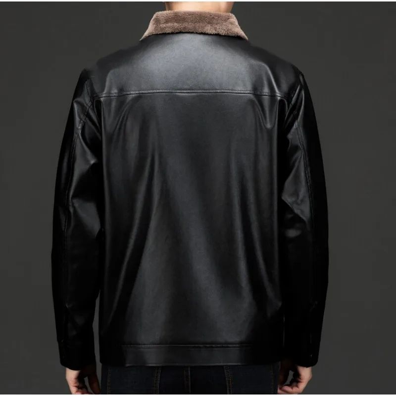 Men's Autumn and Winter Long Sleeved Leather Jacket with Fleece Collar for Warmth and Fashion Leather Jacket Men
