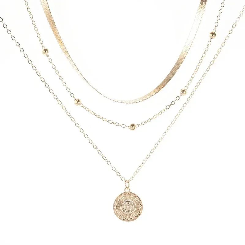 Colar Feminino de Prata Esterlina 925 com Três Camadas, Redondo, Corrente Snake Simples, Charm com Bola, Presente para Festa, Joia Exquisita Feminina