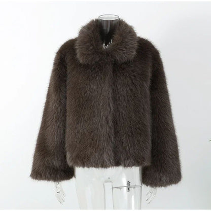 Lady Faux Fur Short Coat Women Lapel Hidden Button Full Sleeve Loose Warm Outwear 2025 New Winter Office Commute Overcoat New