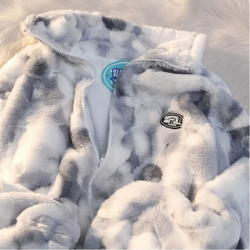 2025 Women's Tie Dye Lamb Fleece Jacket Autumn Winter Zipper Outerwear Warm Plush Harajuku Casual Loose Female Thick Coat