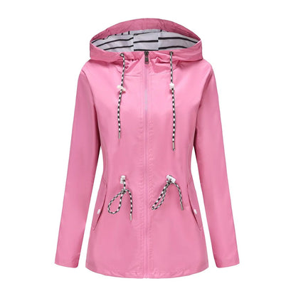 Blue Waterproof Hooded Jacket Women Fashion Casual Coat Waist Drawstring Tie Zipper Switch Red Green Yellow Black Windbreaker