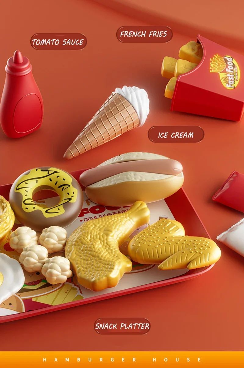 Conjunto de Brinquedos de Cozinha Infantil Simulação de Hambúrguer Pizza Batata Frita Brinquedo de Faz de Conta Comida Cozinha Jogo de Cortar Brinquedo Interativo Montessori Presente