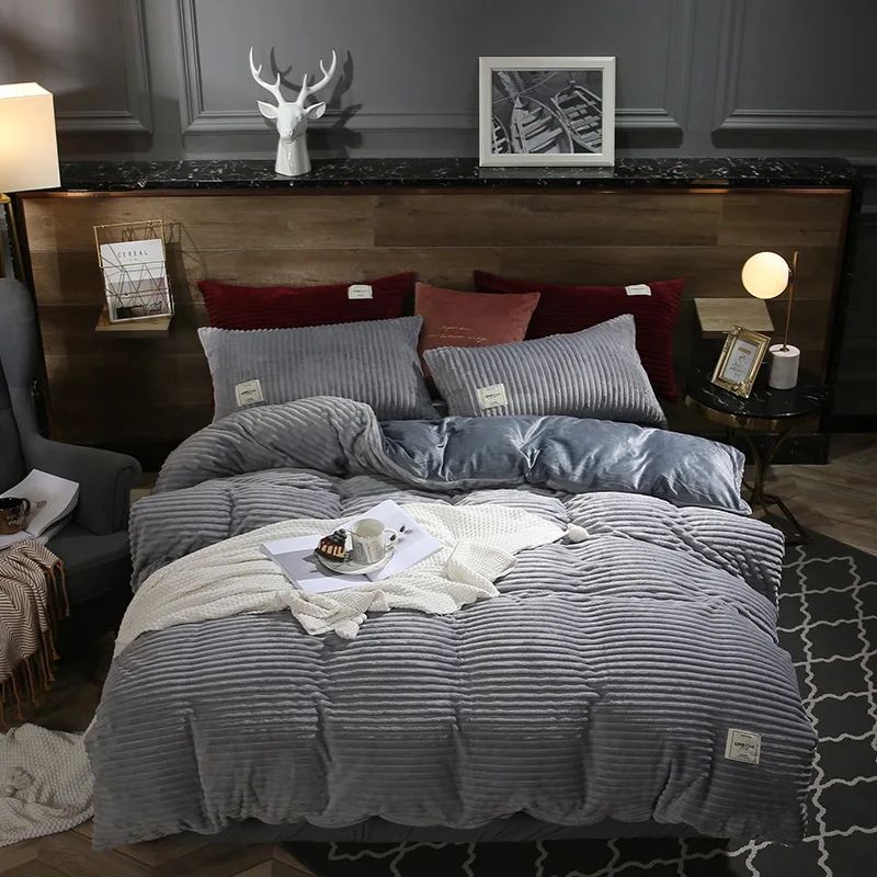 Milk Velvet Winter Thick Bed Set Double Sided Solid Color Flannel Corduroy Duvet Cover Set Winter Warm Bedding Sheet  220×240CM