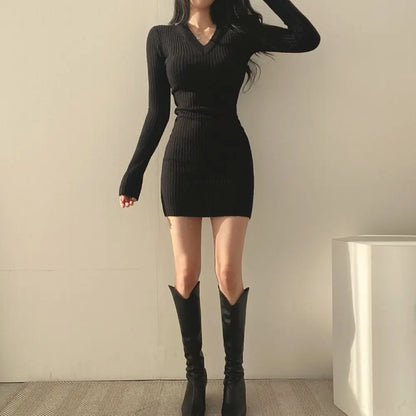 Women Knit Slim Sexy Bodycon Dress V-Neck Long Sleeve Dress Solid Casual Midi Sw