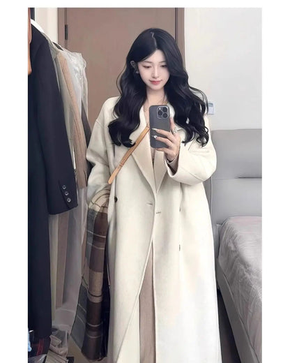 Oatmeal Color Woolen Coat Women's Loose Mid-Length Korean Style Autumn Winter New Arrival Fashion Outerwear Pure Color Full Slee