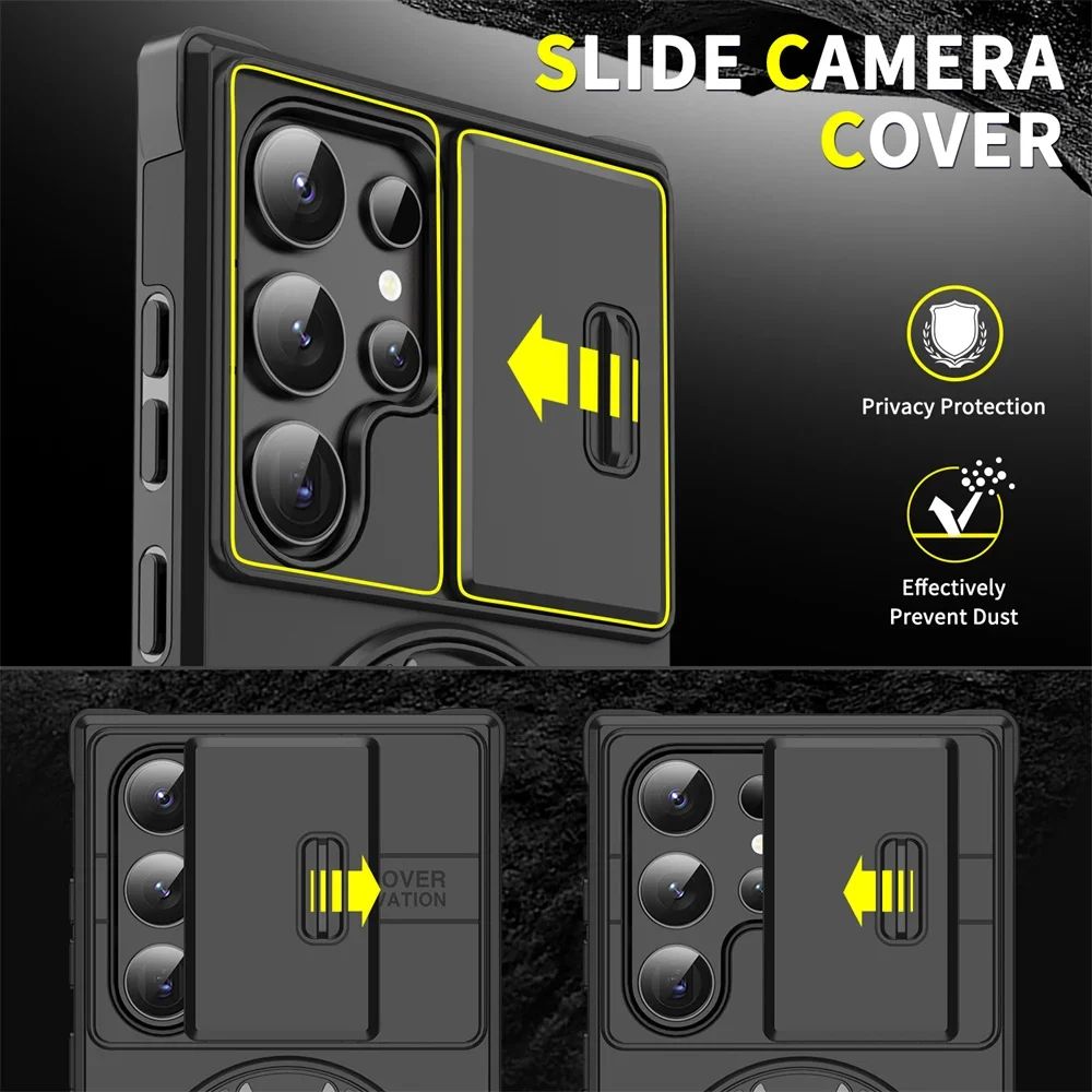 Capa Armor com Suporte Magnético para Samsung S25 S24 S22 S21 S23 S20 Ultra Plus FE com Proteção de Câmera Deslizante e Antichoque