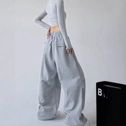 Calça Esportiva Cinza de Cintura Alta Solta Masculina Feminina Casual Perna Larga Calças Estilo Primavera Outono Confortável Moletom Roupa de Trabalho
