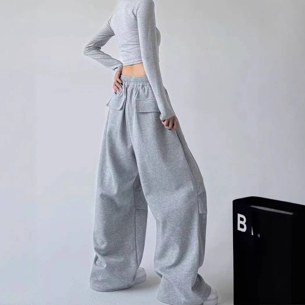 Calça Esportiva Cinza de Cintura Alta Solta Masculina Feminina Casual Perna Larga Calças Estilo Primavera Outono Confortável Moletom Roupa de Trabalho