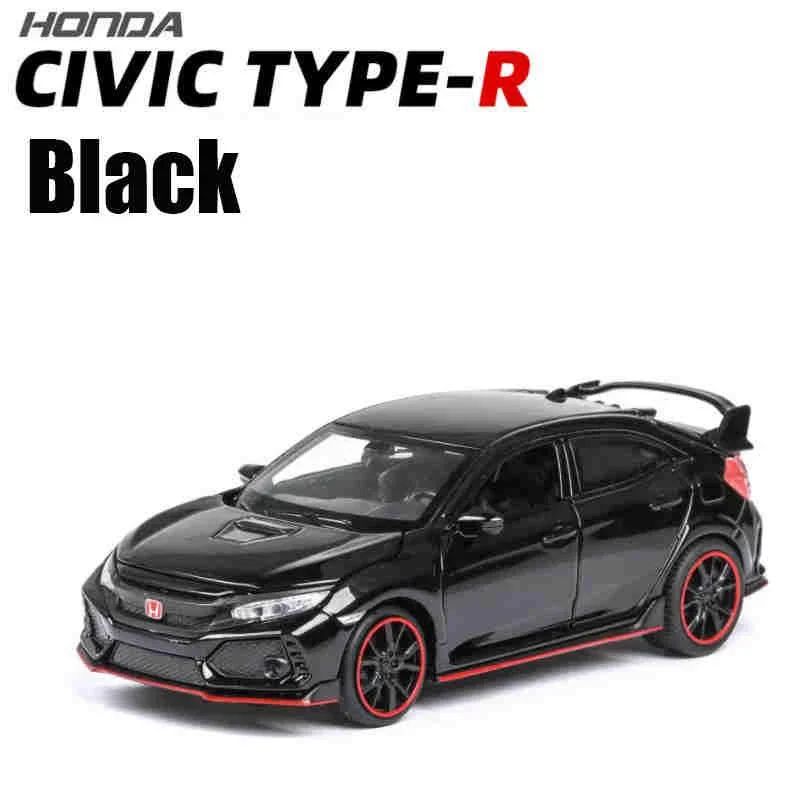 Carrinhos de brinquedo Honda Civic Type-R em liga metálica, escala 1:32, modelos fundidos com som e luz, veículos em miniatura, presentes de aniversário para crianças e adultos