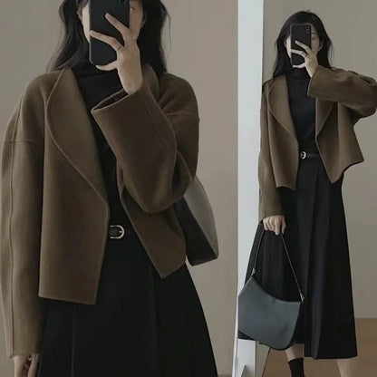 Hebe Style Short Thickened Double-Faced Cashmere Woolen Coat Women's Autumn Winter Fashion Small Size Suit Elegant Feel