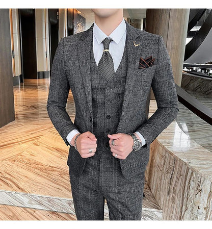 Dark Blue Men's Suit Three Piece, Business Casual Jacket and Vest with Trousers, Gray Dark Brown Slim Fit Sets, Asian Size