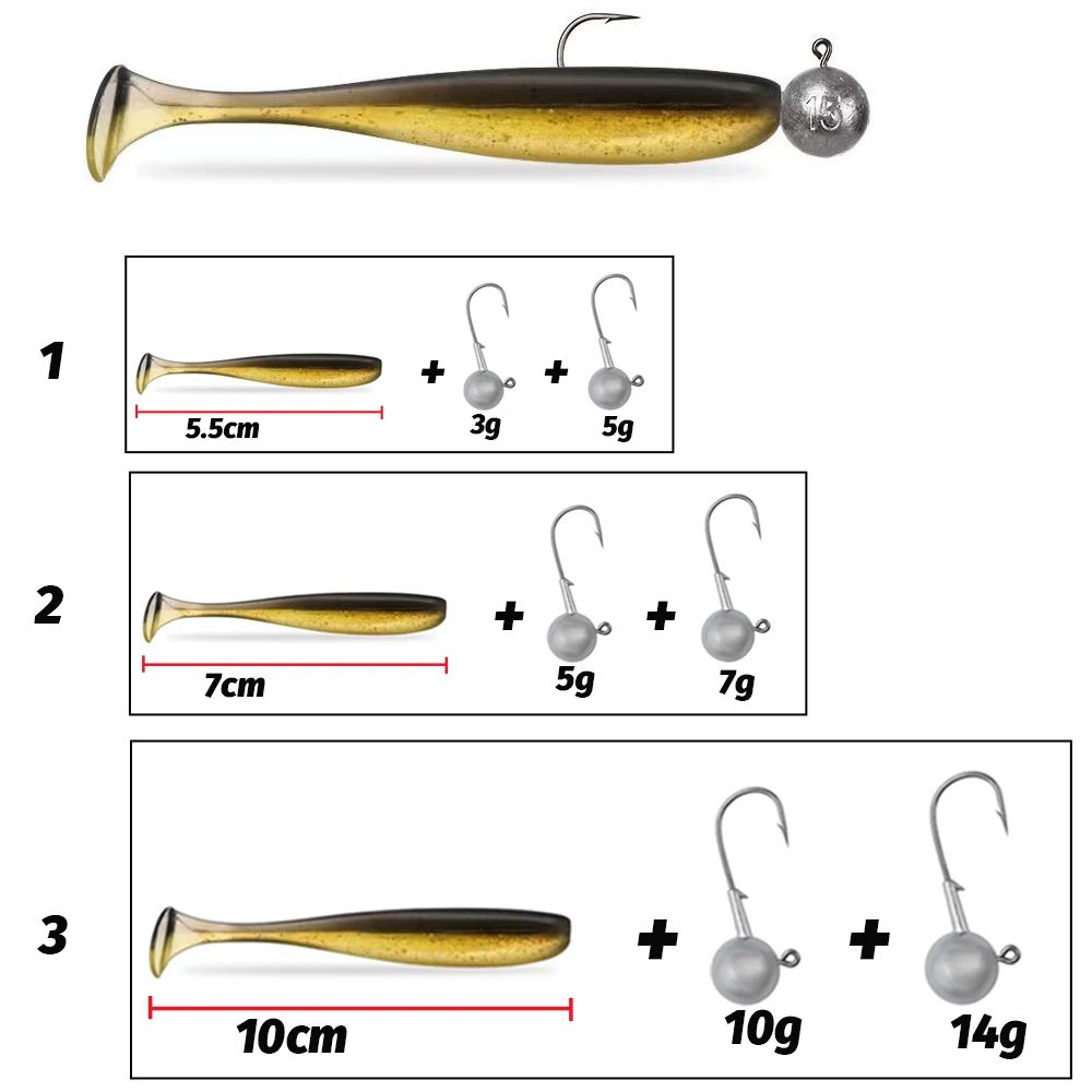 50 unidades/Caixa Isca Artificial Jig de Metal 5.5cm 7cm 10cm Isca Macia 3g 5g 7g 10g 14g Anzol Jigging Head Caixa de Pesca Pesca Swimbait Kit Isca de Fundo