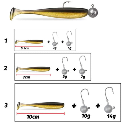 50 unidades/Caixa Isca Artificial Jig de Metal 5.5cm 7cm 10cm Isca Macia 3g 5g 7g 10g 14g Anzol Jigging Head Caixa de Pesca Pesca Swimbait Kit Isca de Fundo